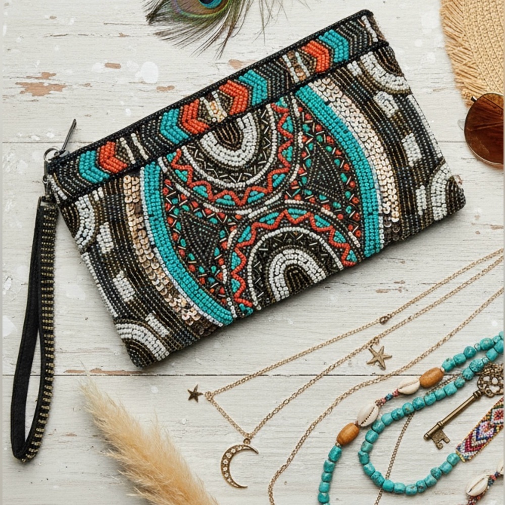 Boho Chic Multicolour Metallic Sequin Beaded Wristlet Clutch Bag